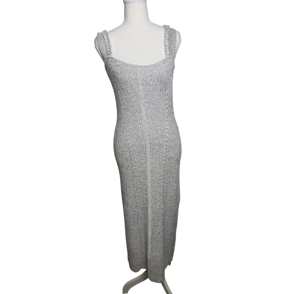 AMUR Indiyah Silver Metallic Knit Midi Dress Braided Straps NWT